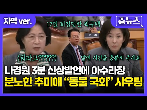 [자막] 법사위 시작부터 아수라장, 나경원 신상발언에 '동물 국회' 바로잡겠다는 추장군 #국회 #국정감사 #나경원 #곽규택 #추미애